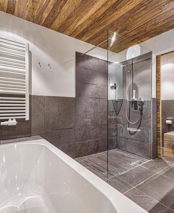 Bathroom with shower and bathtub - Alex Natural Wood Room